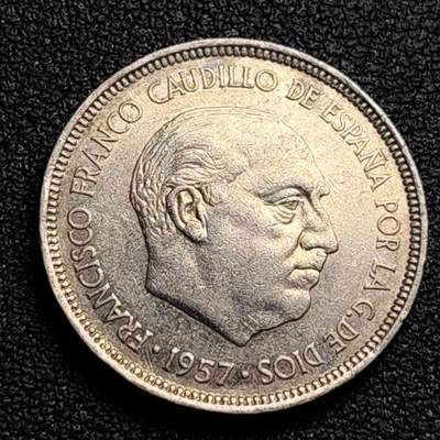 泉币菌-第98场-散币乐园场 带光美品 西班牙1957年5比塞塔 弗朗哥鹰徽23mm