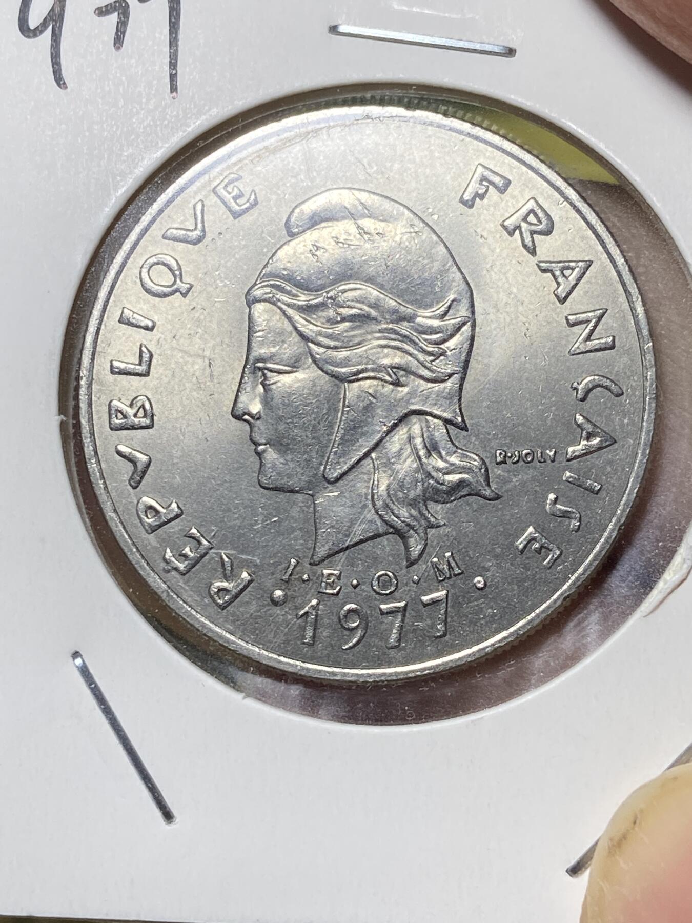 2025年第八十三场(总第一百零九场）外国好品散币(免佣金) 原光好品–法属新喀里多尼亚🇳🇨1977年20法郎(第三套加字版，丰饶角加海豚标)
