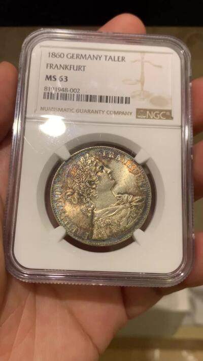 《竞宝斋》第412场 周日，周一，周二，3场连拍 （全场包邮） NGC MS63 德国1860法兰克福少女泰勒，极美幻彩转光，个人认为略低评，实物令人爱不释手