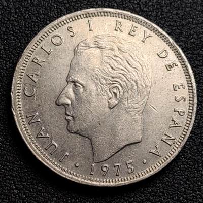 泉币菌-第98场-散币乐园场 西班牙1975年25比萨塔 卡洛斯一世 铜镍币 26.5mm 