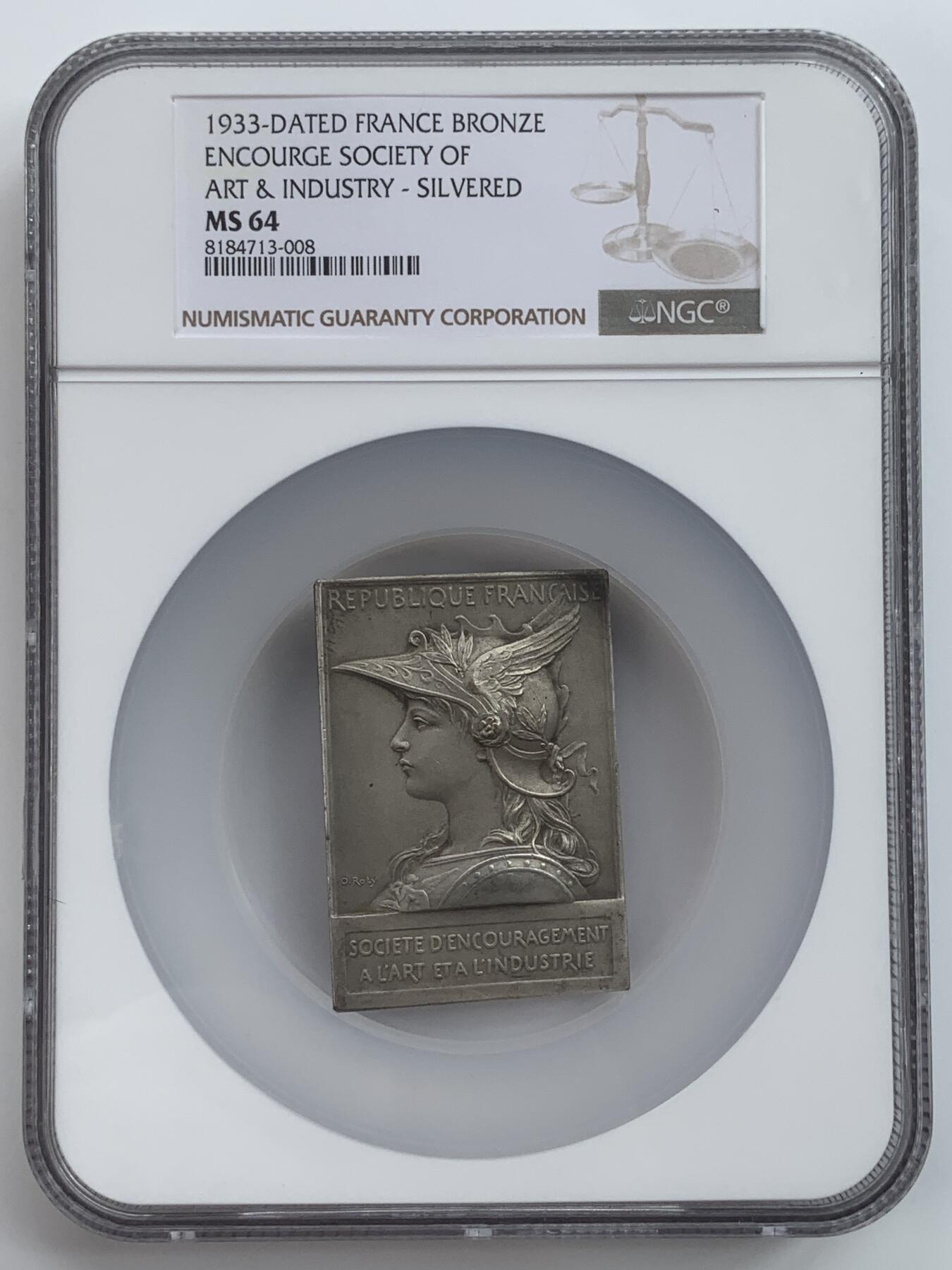 掌中浮雕-藏着的欧洲第034场 NGC MS64:戎装玛丽安娜女神镀银铜章，42*60mm，大师罗蒂作品