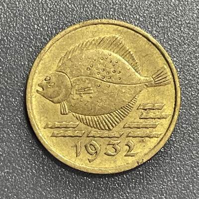 回流0825 - 德国但泽自由市1932年5芬尼铜币，大菱鲆鱼图案，极为罕见！