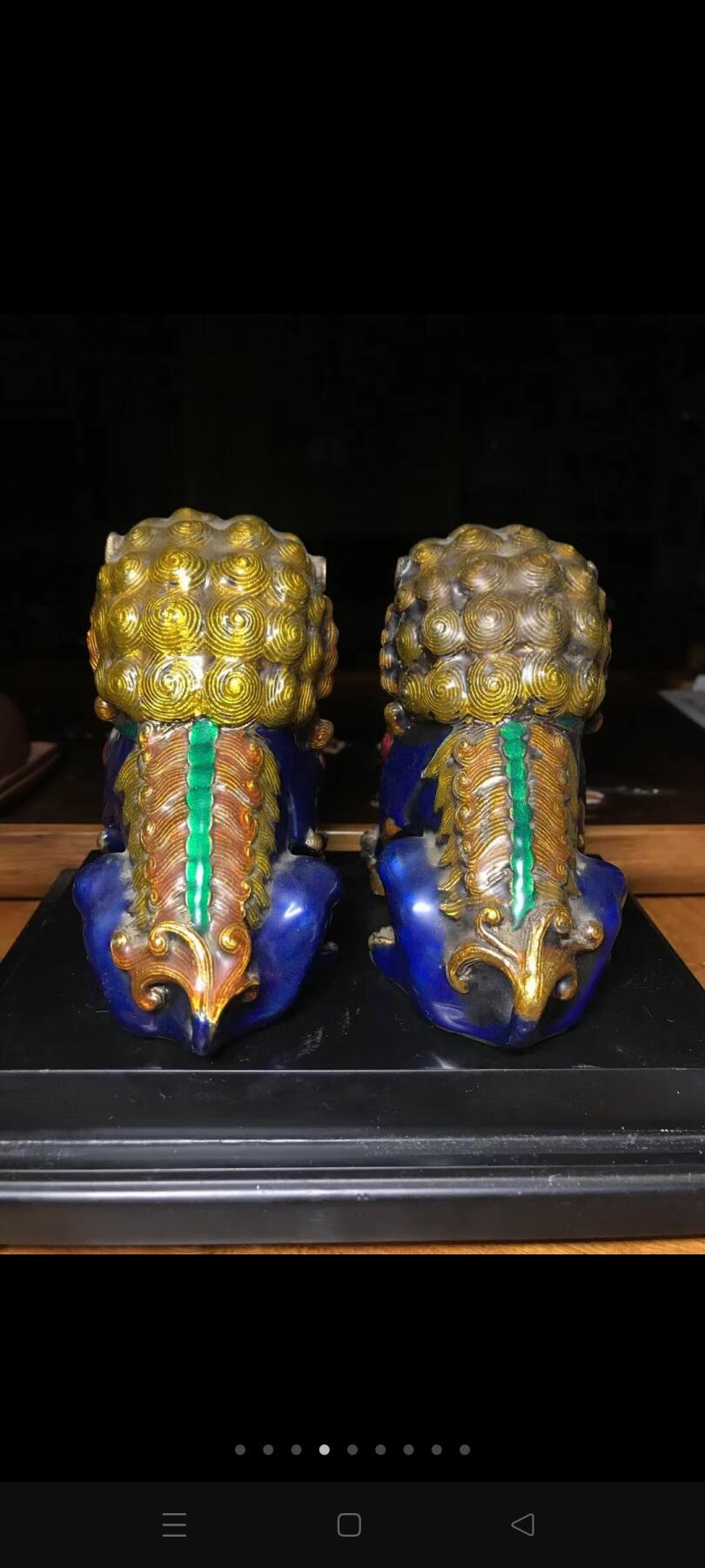 回流铜胎景泰蓝双狮镇纸一对！做工精致细腻栩栩如生！全美品！皮壳一流