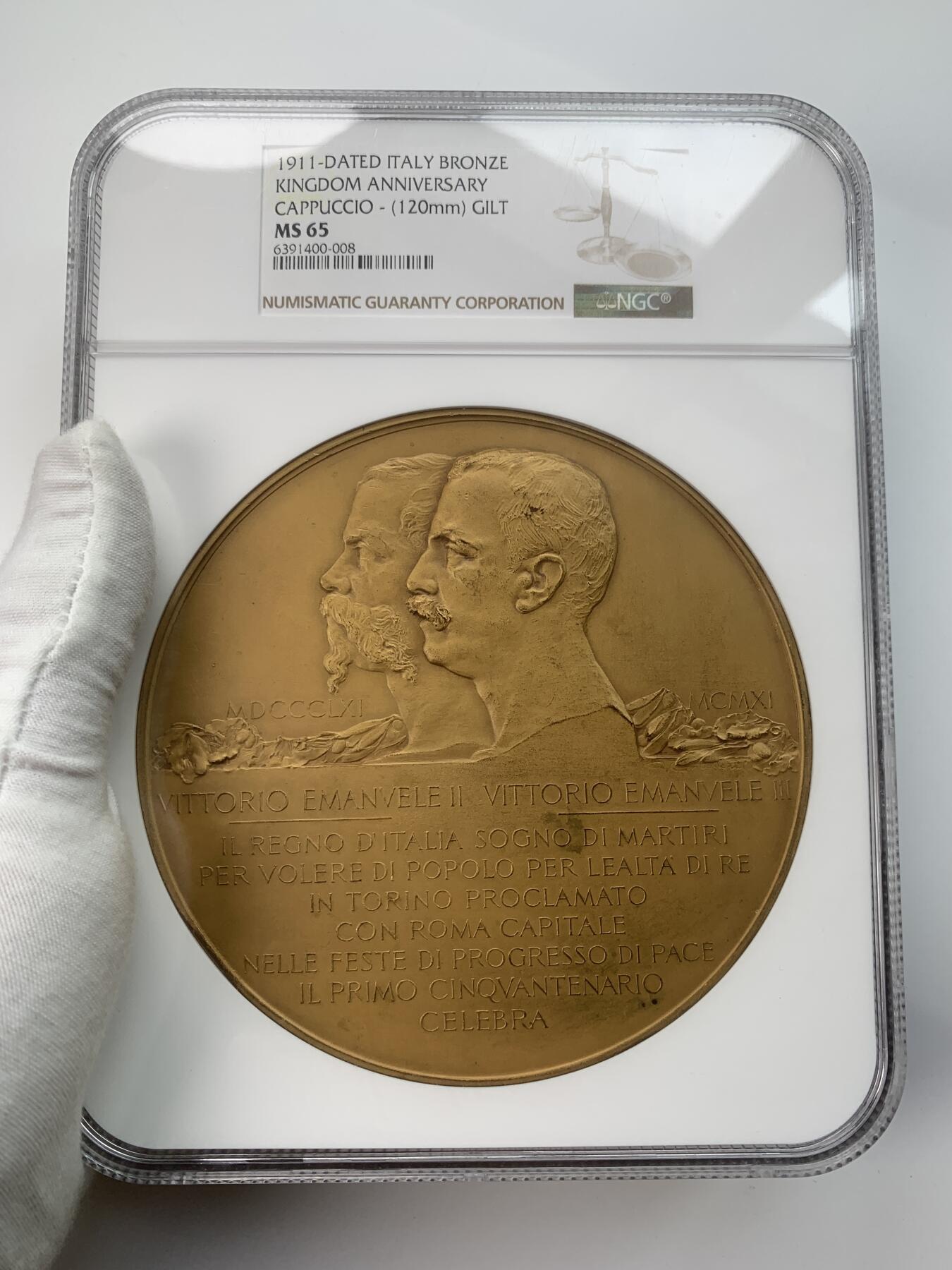 掌中浮雕-藏着的欧洲第034场 NGC MS65 ：1911年意大利王国50周年镀金铜章，120mm，G. Castiglioni设计, Cappuccio,雕刻，S. Johnson公司出品