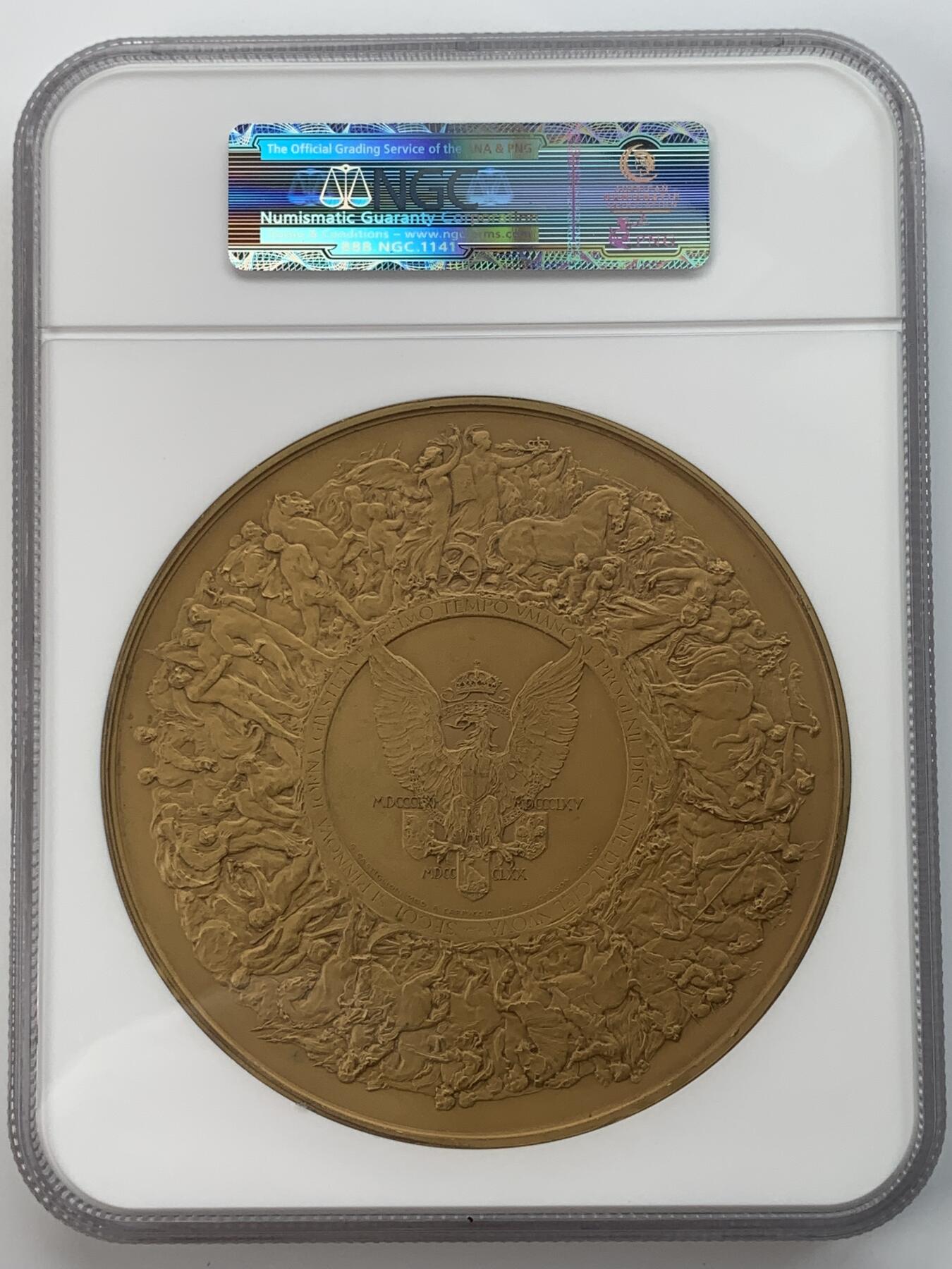 掌中浮雕-藏着的欧洲第034场 NGC MS65 ：1911年意大利王国50周年镀金铜章，120mm，G. Castiglioni设计, Cappuccio,雕刻，S. Johnson公司出品