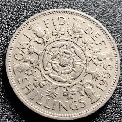 泉币菌-第99场-精品福利场 - 英国早期1966年2先令老镍币 伊丽莎白二世青年女王头像 28.3MM