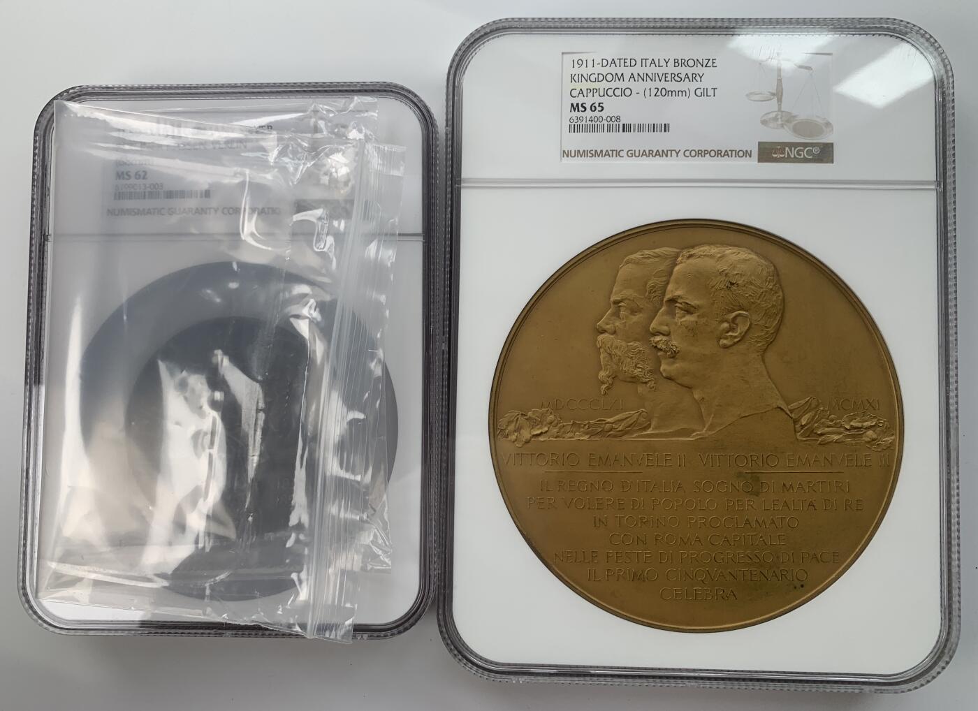 掌中浮雕-藏着的欧洲第034场 NGC MS65 ：1911年意大利王国50周年镀金铜章，120mm，G. Castiglioni设计, Cappuccio,雕刻，S. Johnson公司出品