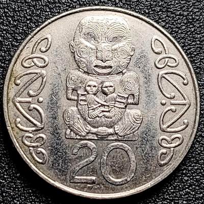 泉币菌-第100场-百场纪念 精品场 - 英属新西兰 20分镍币 大版 毛利人图腾 生殖崇拜 伊丽莎白二世女王 28mm