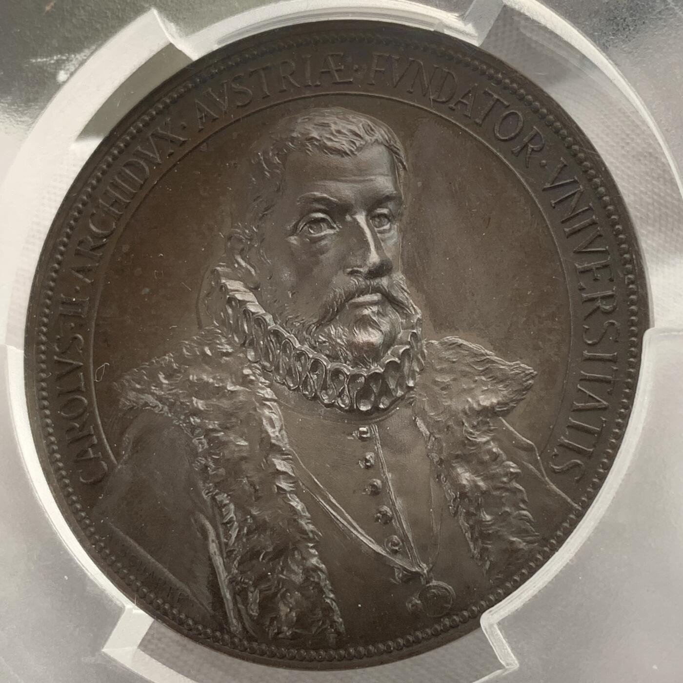 掌中浮雕-藏着的欧洲第034场 PCGS SP64 : 1886年奥地利卡尔-弗朗茨-格拉茨大学建校300周年，正面为该校创办者卡尔二世大公，55mm