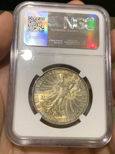 《竞宝斋》第412场 周日，周一，周二，3场连拍 （全场包邮） NGC MS63 德国1860法兰克福少女泰勒，极美幻彩转光，个人认为略低评，实物令人爱不释手