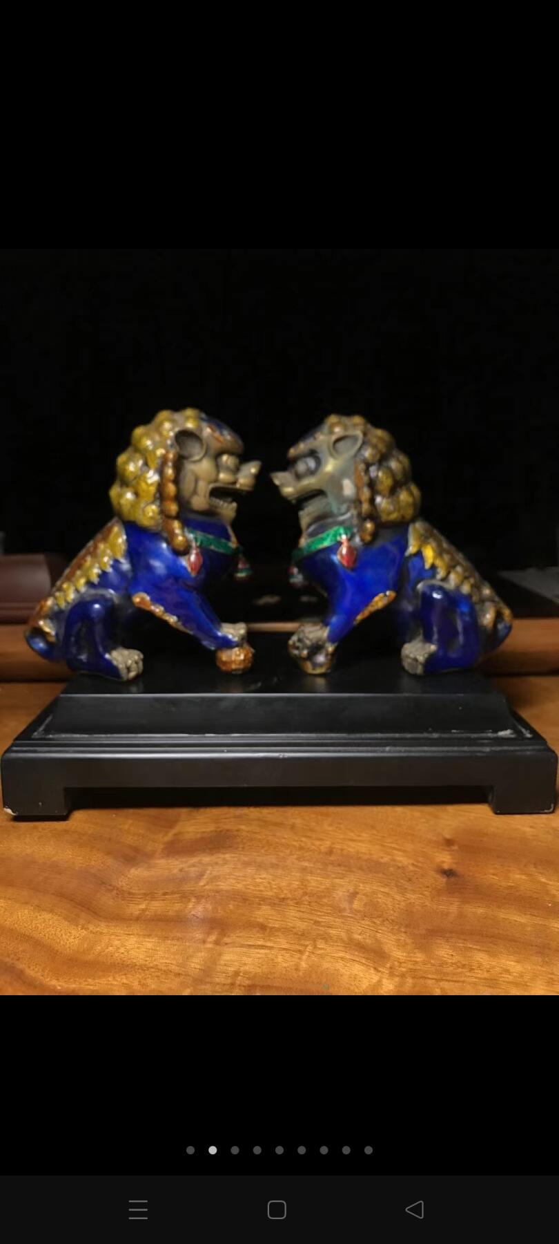 回流铜胎景泰蓝双狮镇纸一对！做工精致细腻栩栩如生！全美品！皮壳一流