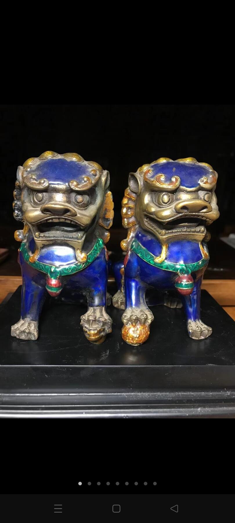 回流铜胎景泰蓝双狮镇纸一对！做工精致细腻栩栩如生！全美品！皮壳一流