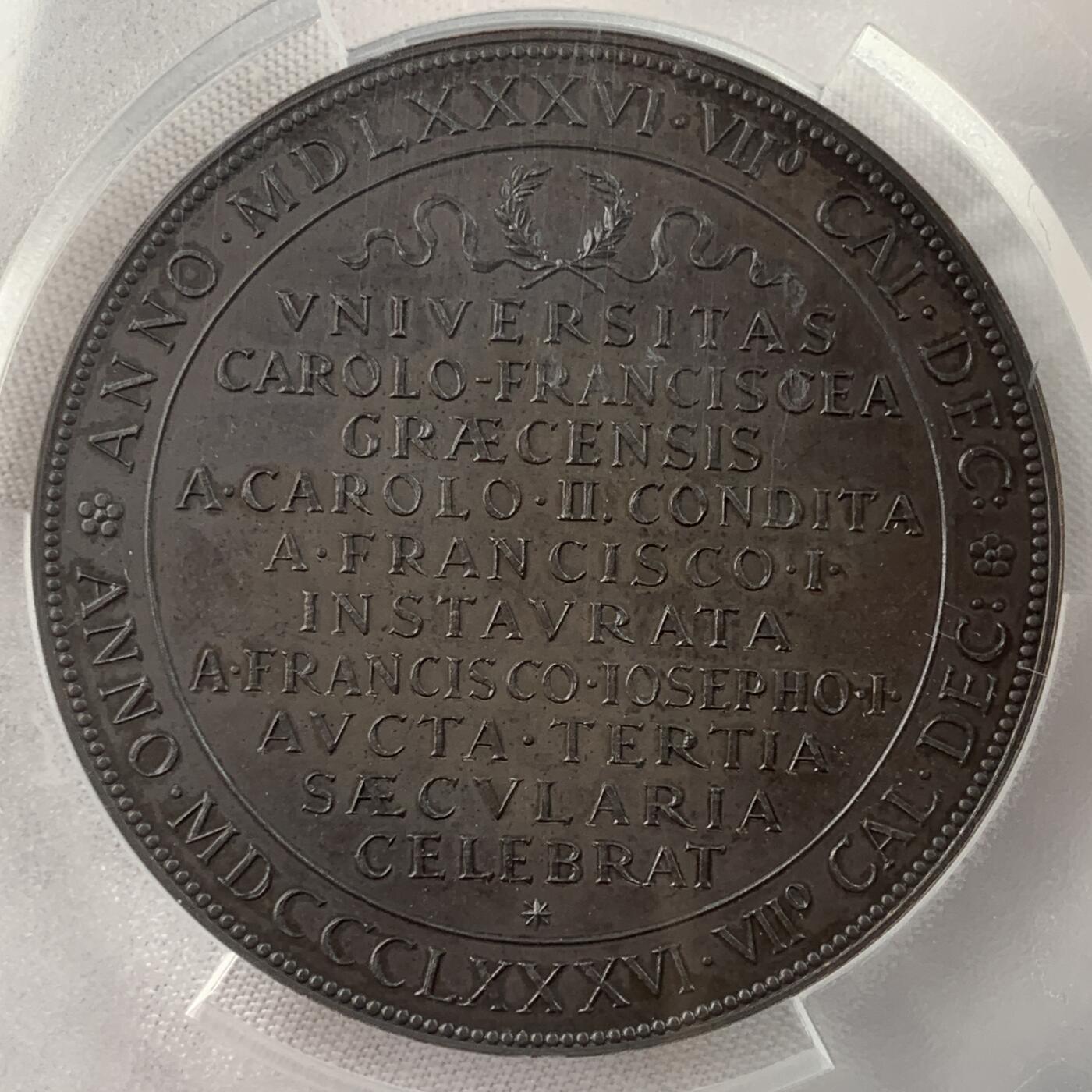 掌中浮雕-藏着的欧洲第034场 PCGS SP64 : 1886年奥地利卡尔-弗朗茨-格拉茨大学建校300周年，正面为该校创办者卡尔二世大公，55mm