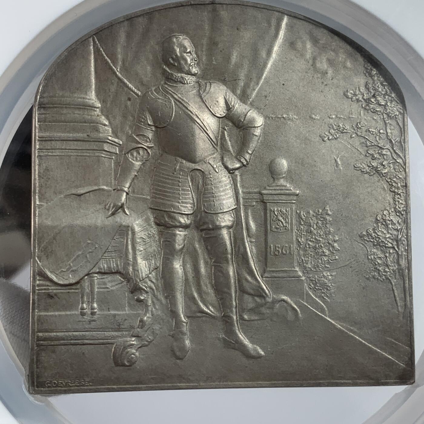 掌中浮雕-藏着的欧洲第034场 NGC MS63 : 比利时1922年布鲁塞尔海事镀银铜章, 72mm*73mm
