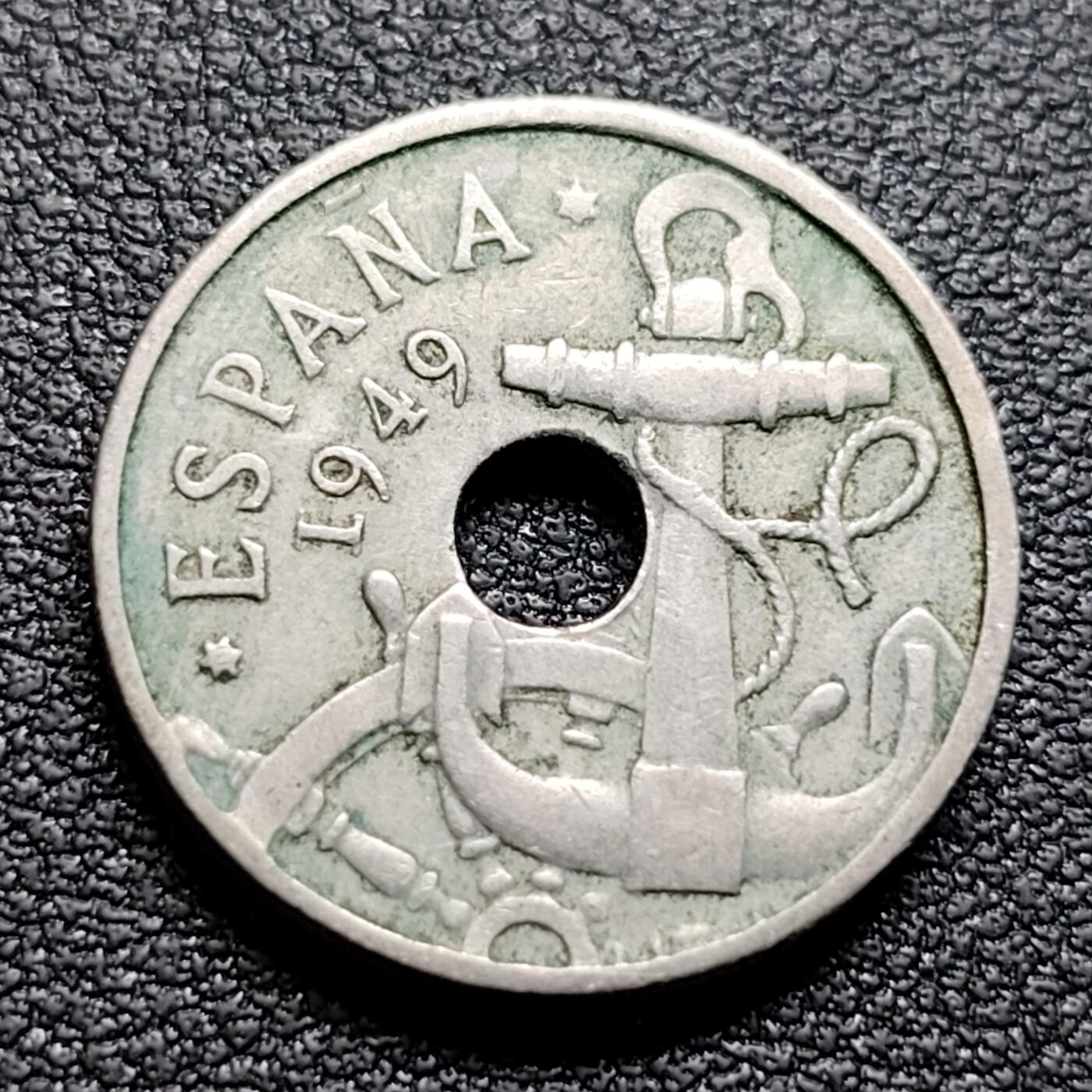 泉币菌-第96场-精品福利场 1949年西班牙50分圆孔镍币 20mm 船锚船舵 纪念币