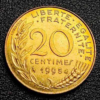 泉币菌-第99场-精品福利场 - 原铜光UNC 法国1995年20生丁铜币 玛丽安娜 入欧前末版 绝版