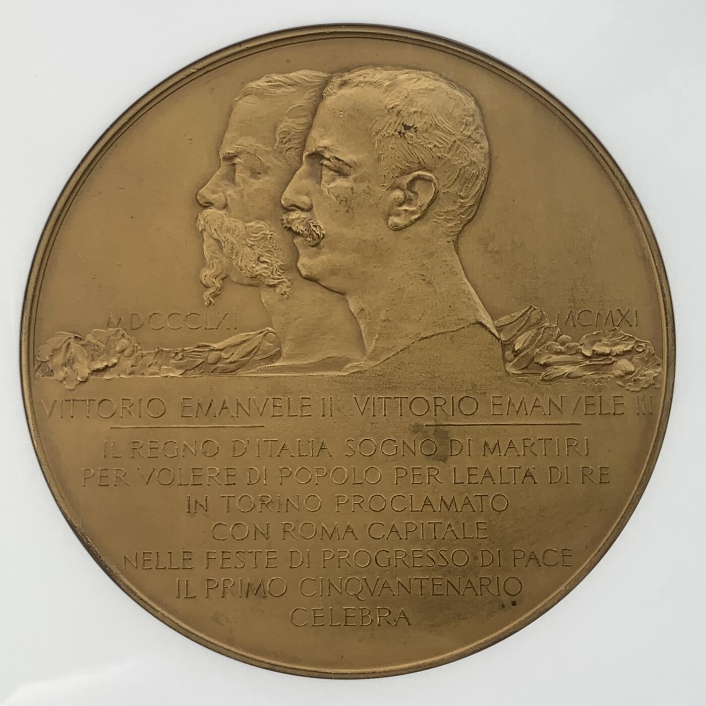掌中浮雕-藏着的欧洲第034场 NGC MS65 ：1911年意大利王国50周年镀金铜章，120mm，G. Castiglioni设计, Cappuccio,雕刻，S. Johnson公司出品