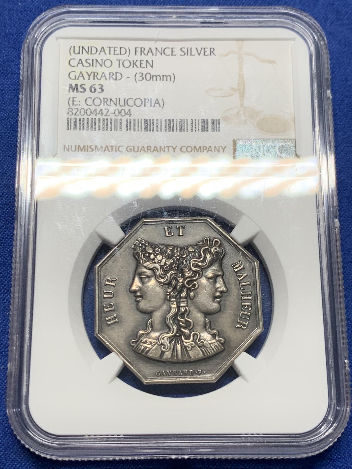 《竞宝斋》第413场 周日，周一，周二，3场连拍 （全场包邮） NGC MS63 法国双面神亚努斯八角银质代币，狂风暴雨前的海水浴场景，“暴风雨中的平静”