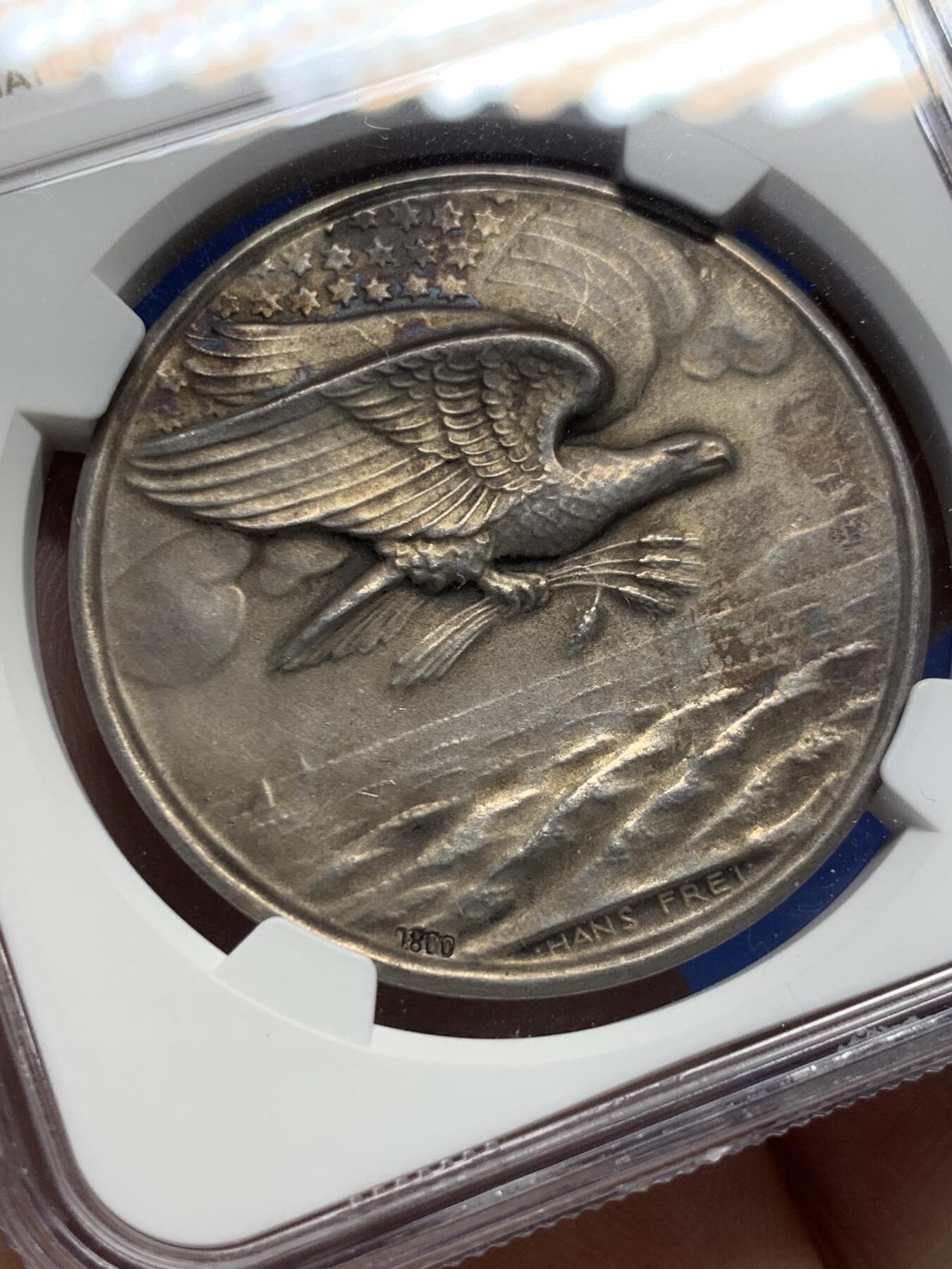 《竞宝斋》第413场 周日，周一，周二，3场连拍 （全场包邮） NGC MS63 瑞士1918年感谢美国一战期间粮食捐赠纪念银章 原味包浆 浮雕感强