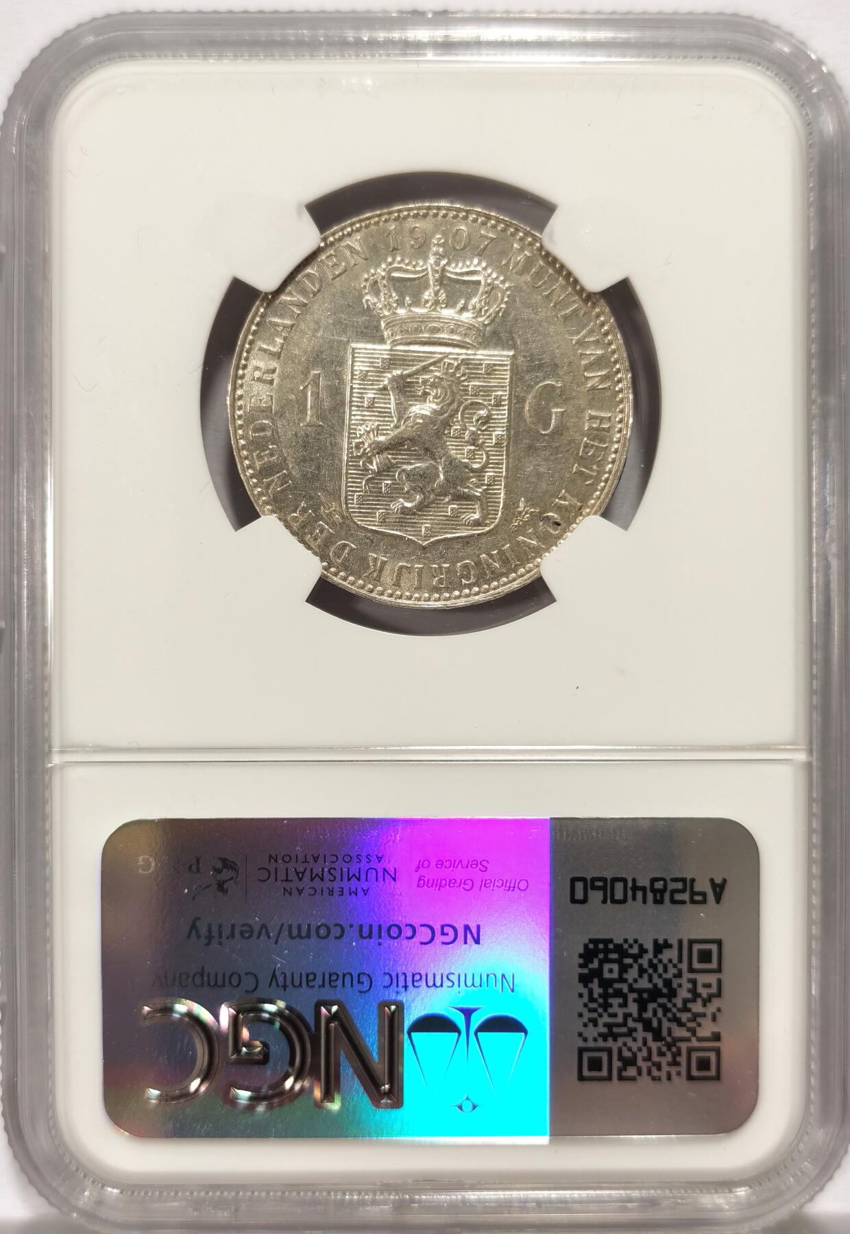 博洋堂世界钱币拍卖第136期（全场包邮） NGC UNC 荷兰1907年威廉明娜女王1盾银币