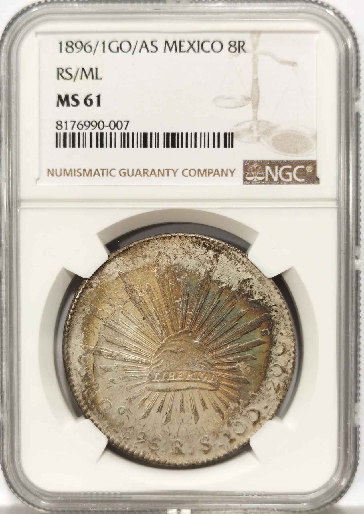 博洋堂世界钱币拍卖第136期（全场包邮） NGC MS61 墨西哥1896/1年GO/AS RS/ML花边鹰洋，罕见年份、厂别、鉴定师三骑字版，极美五彩包浆