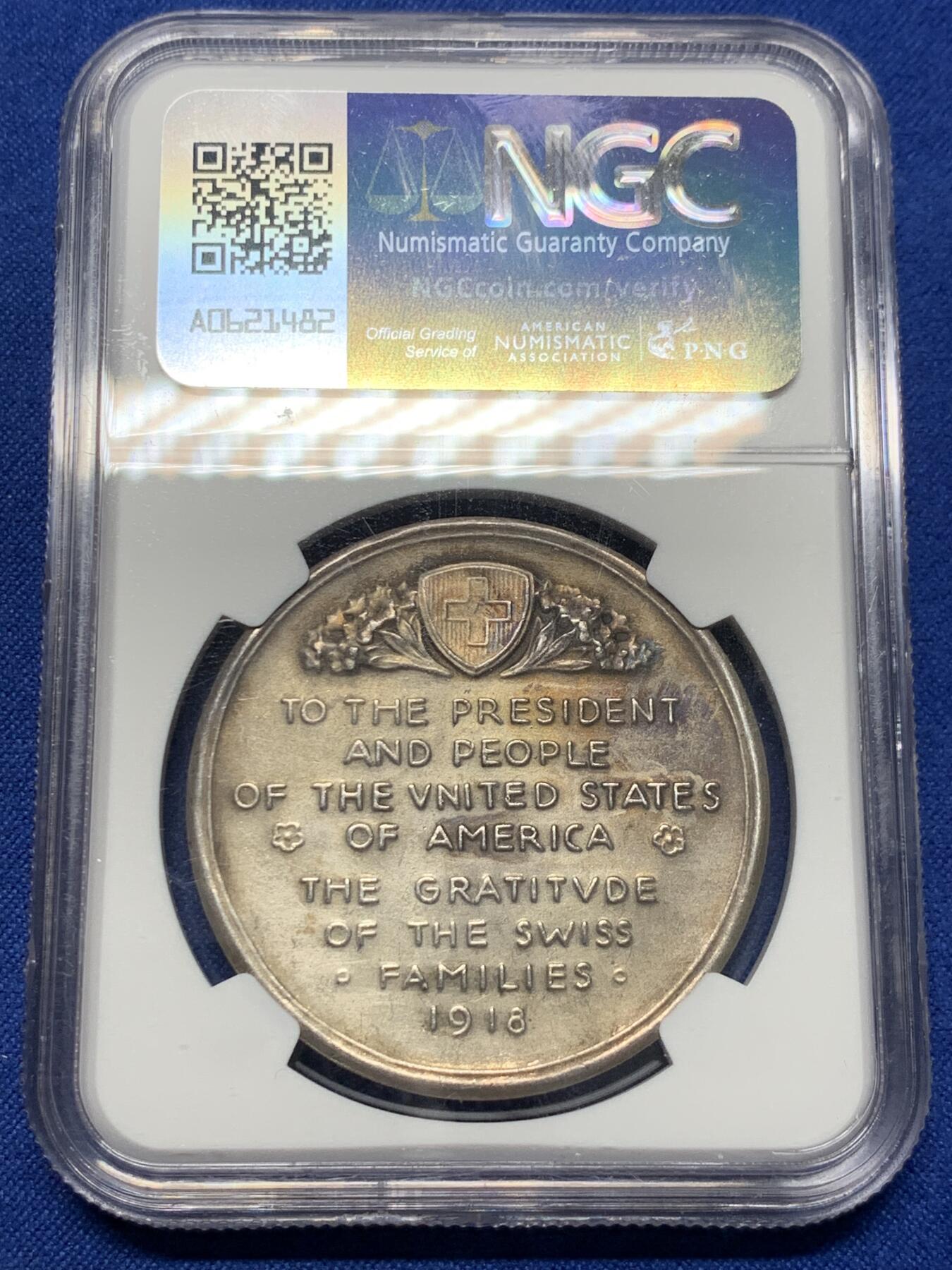《竞宝斋》第413场 周日，周一，周二，3场连拍 （全场包邮） NGC MS63 瑞士1918年感谢美国一战期间粮食捐赠纪念银章 原味包浆 浮雕感强
