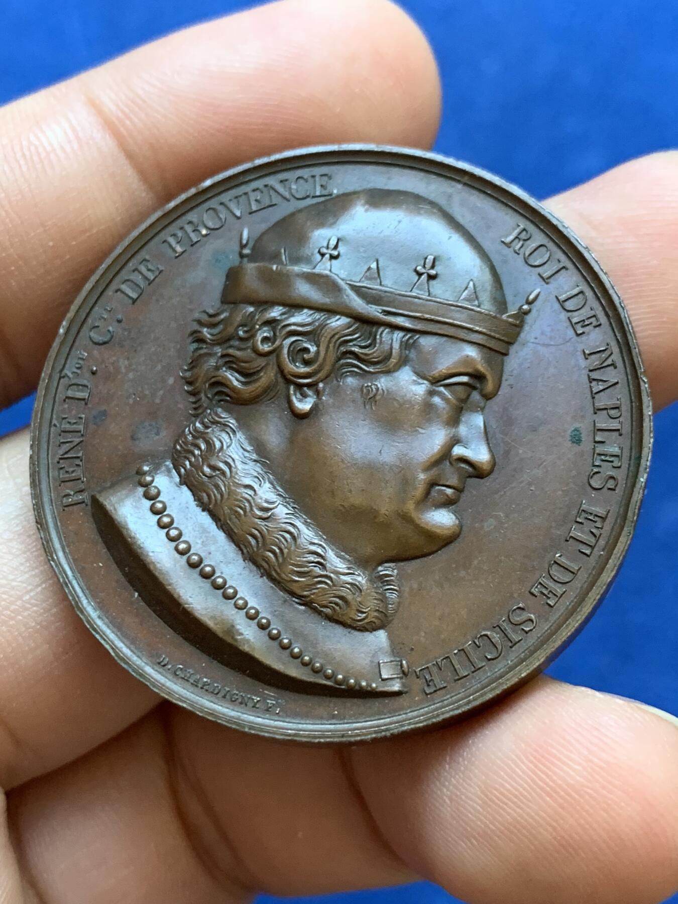 《竞宝斋》第413场 周日，周一，周二，3场连拍 （全场包邮） 法国那不勒斯和西西里国王安茹·勒内铜章，37.2g，41.2mm，1841年以前无边铭，有轻磕，高浮雕