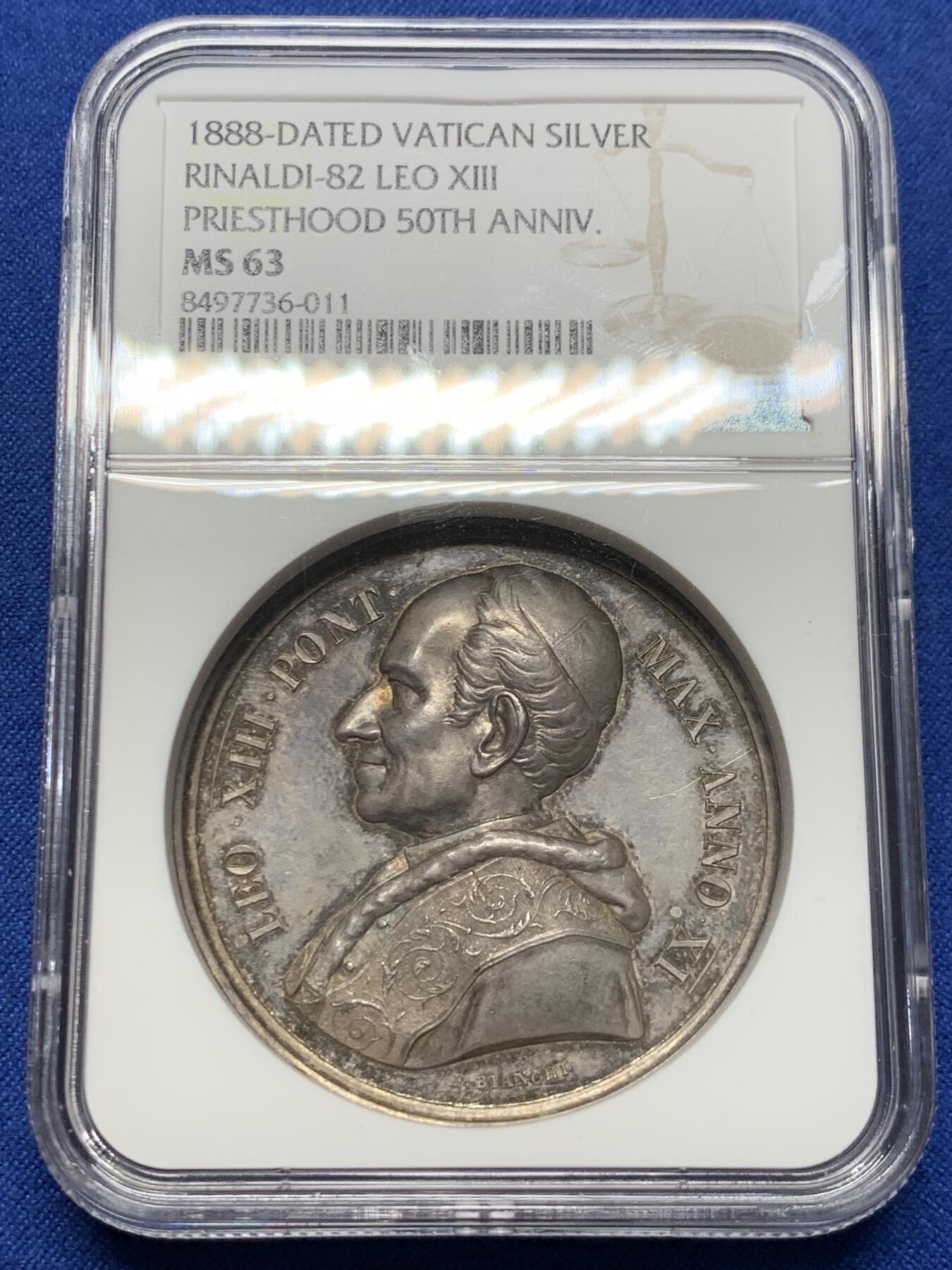 《竞宝斋》第413场 周日，周一，周二，3场连拍 （全场包邮） NGC MS63 高分 1888年梵蒂冈LEO十三世大主教50周年大银章，加厚盒，五洲来朝，高浮雕，十分精美，少见品，经典题材，热门年份