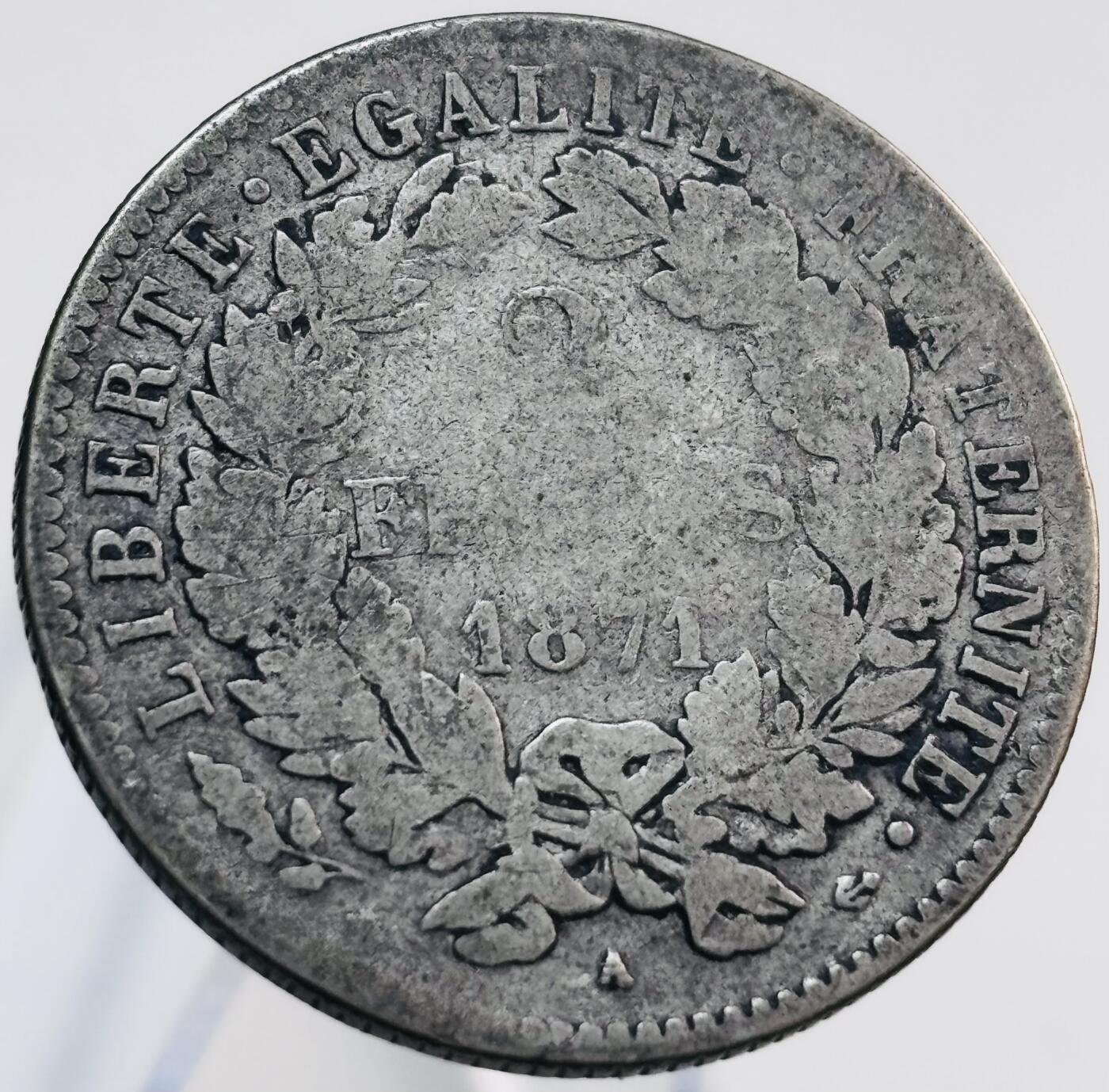 文馨钱币收藏第 268 场，长期接收代拍品 1871 年法兰西第三共和国谷物女神 2 法郎银币