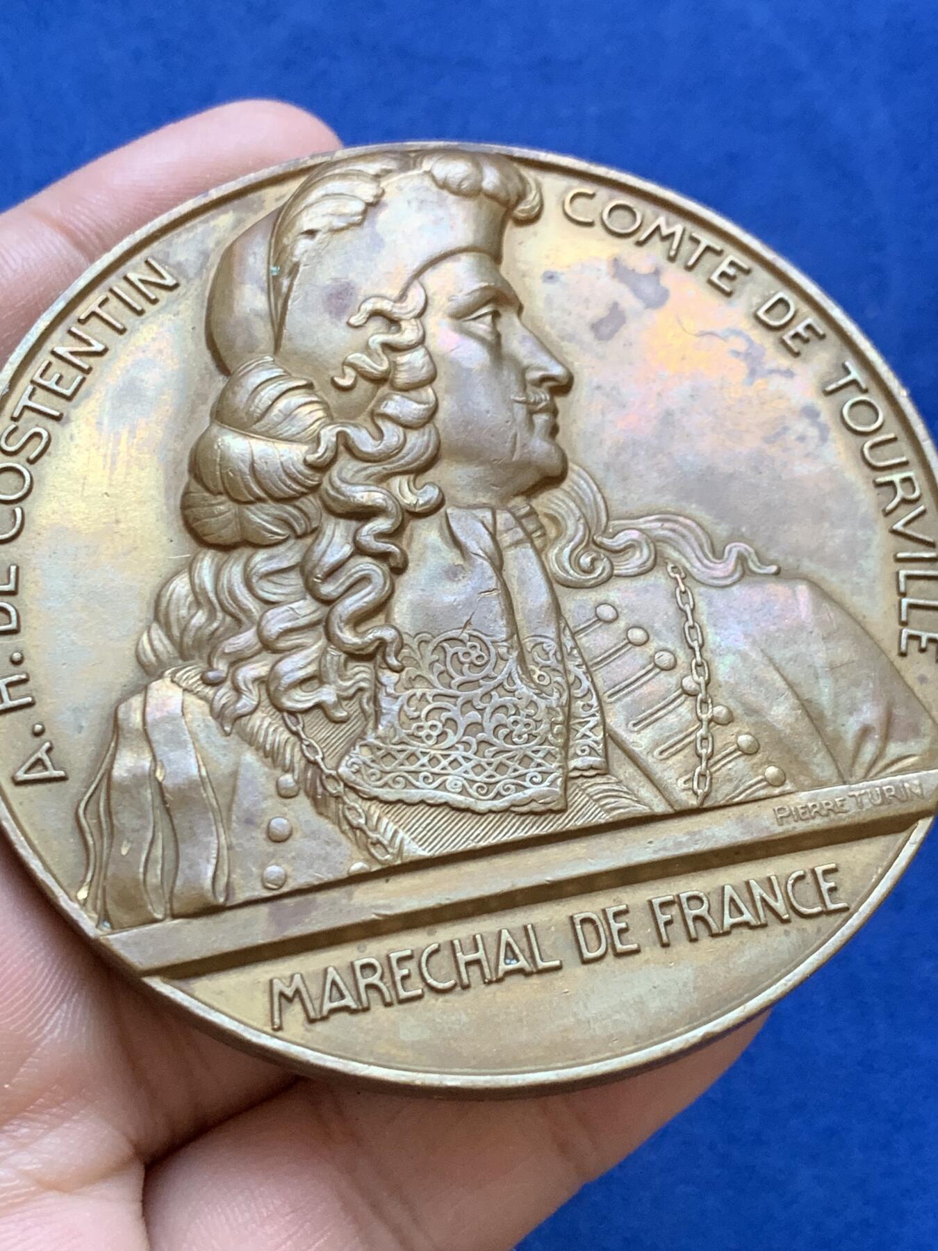 《竞宝斋》第413场 周日，周一，周二，3场连拍 （全场包邮） 法国1942年图尔维尔伯爵铜章，“海浪又增添了新的美丽”，179.50g，72mm，无边铭