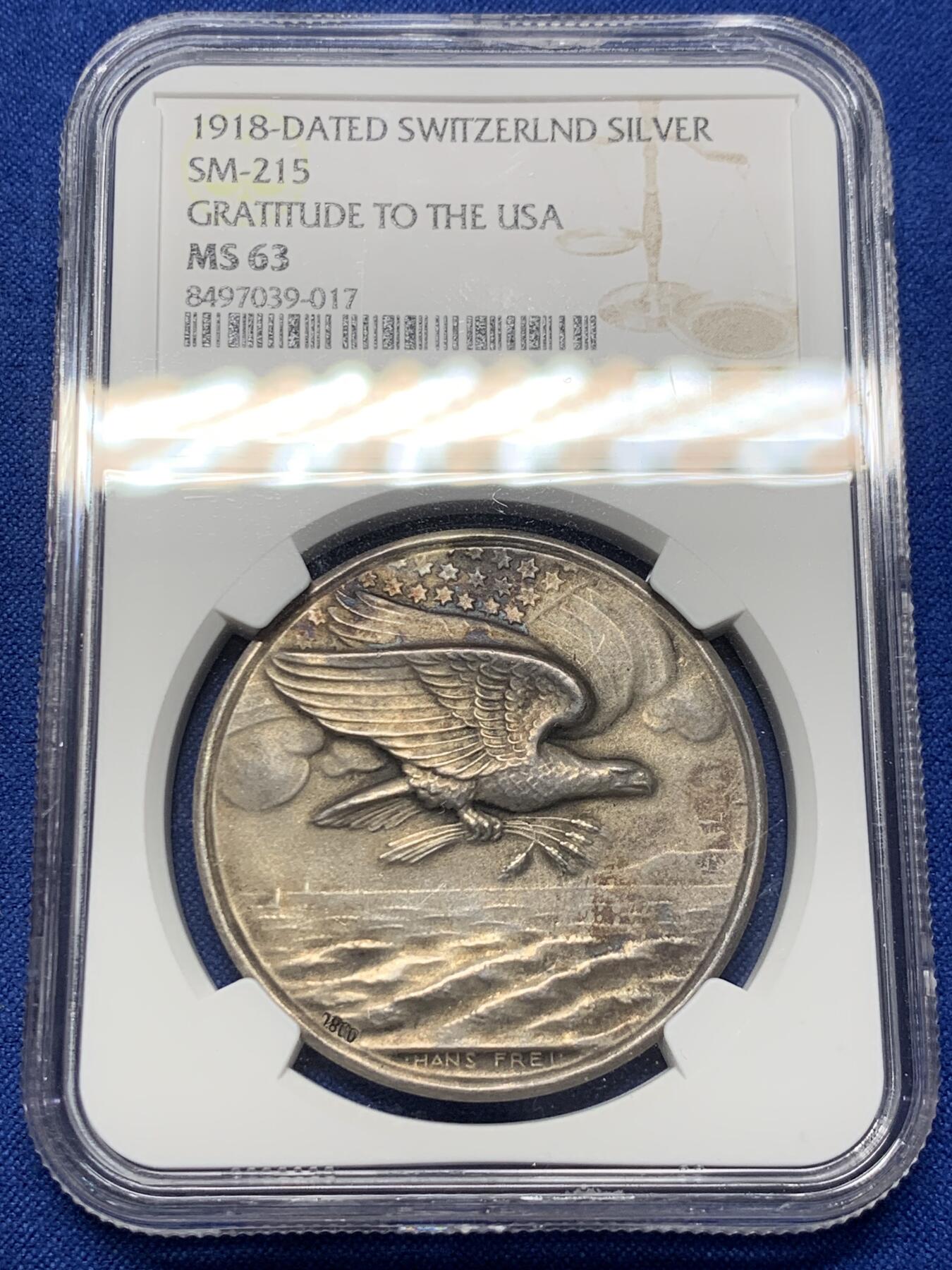 《竞宝斋》第413场 周日，周一，周二，3场连拍 （全场包邮） NGC MS63 瑞士1918年感谢美国一战期间粮食捐赠纪念银章 原味包浆 浮雕感强
