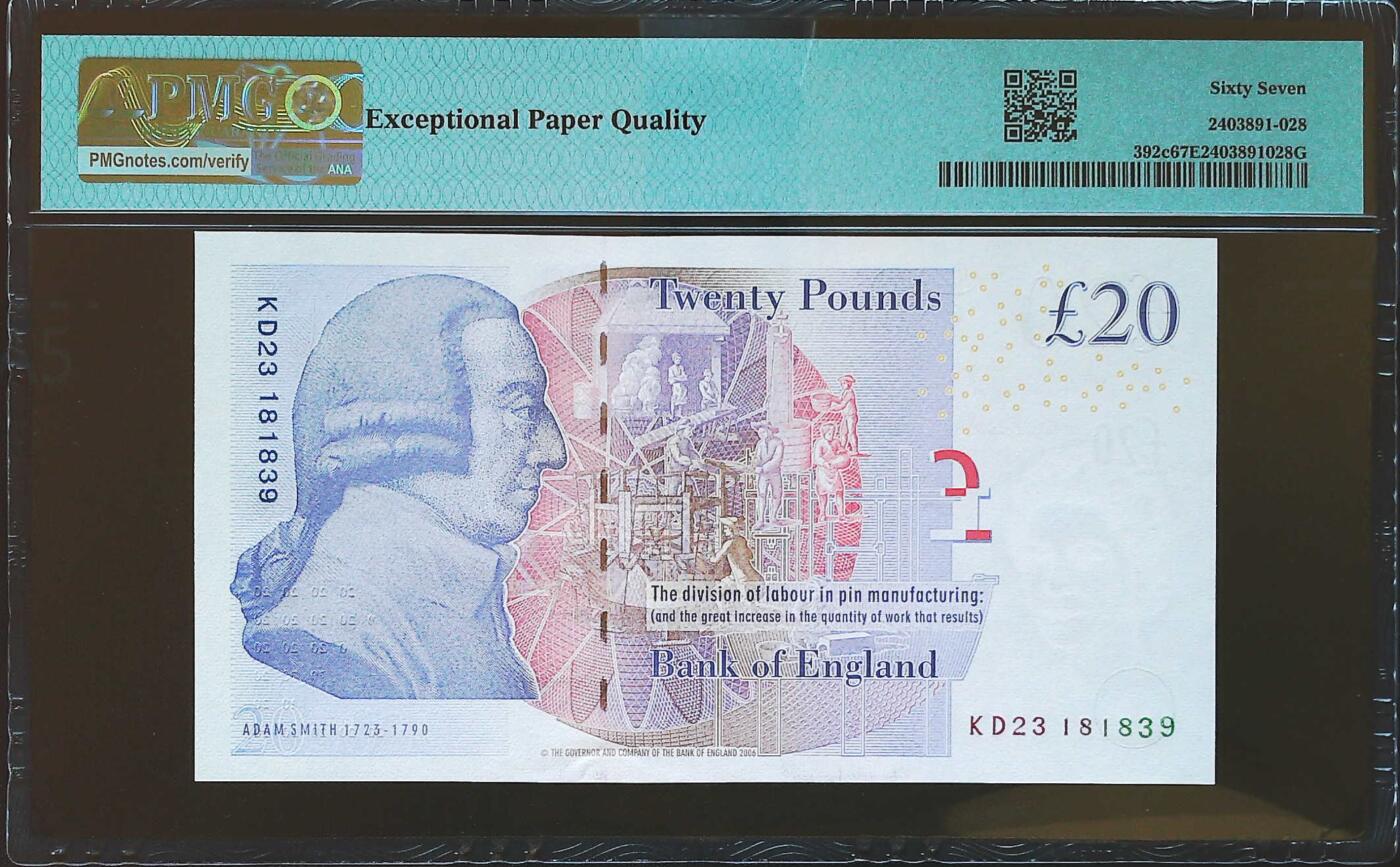 世界靓号纸钞第七十四期 2006年英国英格兰银行20镑 全程无47 PMG67