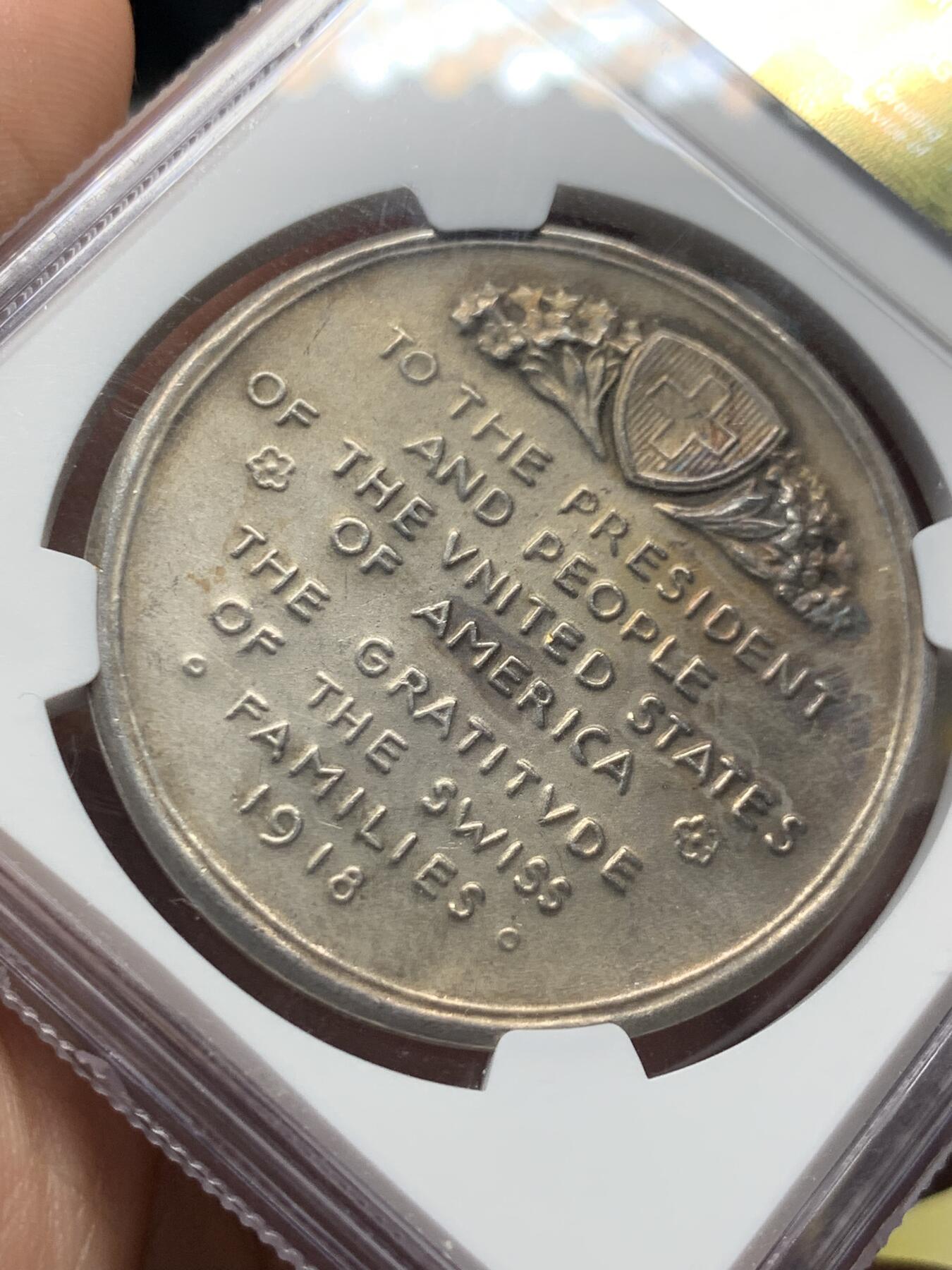 《竞宝斋》第413场 周日，周一，周二，3场连拍 （全场包邮） NGC MS63 瑞士1918年感谢美国一战期间粮食捐赠纪念银章 原味包浆 浮雕感强