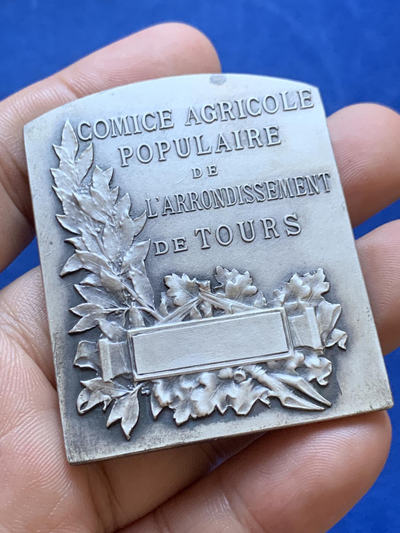 《竞宝斋》第413场 周日，周一，周二，3场连拍 （全场包邮） 法国图尔区农业展览会镀银原盒铜奖章，54.5mmx45mm，54.6克，BRONZE边铭，品相很好，原盒正常扣合。