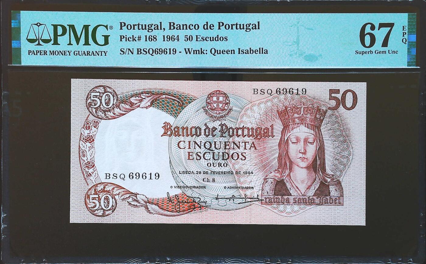 世界靓号纸钞第七十四期 1964年葡萄牙50埃斯库多 倒置号 PMG67 超高分