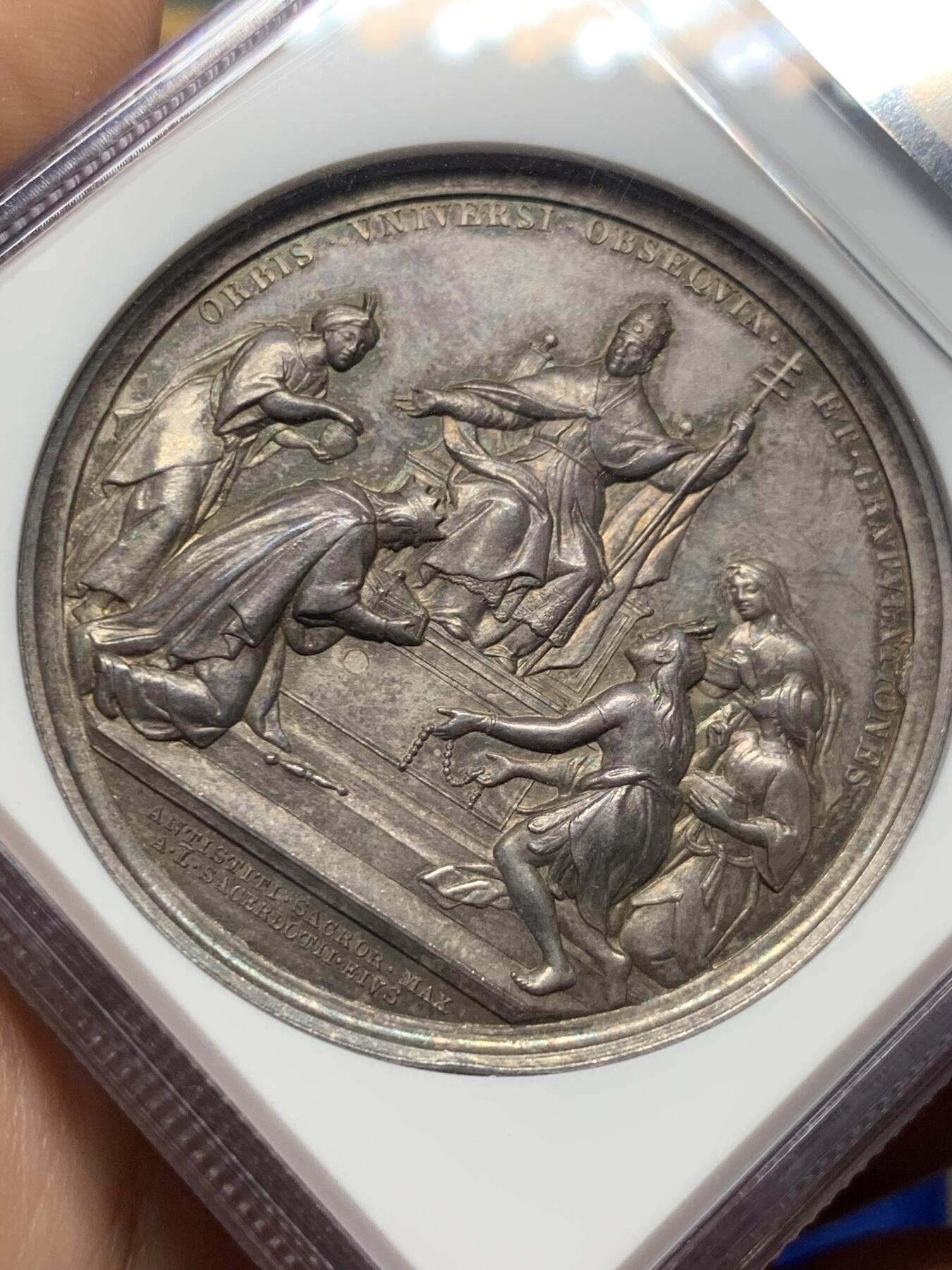 《竞宝斋》第413场 周日，周一，周二，3场连拍 （全场包邮） NGC MS63 高分 1888年梵蒂冈LEO十三世大主教50周年大银章，加厚盒，五洲来朝，高浮雕，十分精美，少见品，经典题材，热门年份