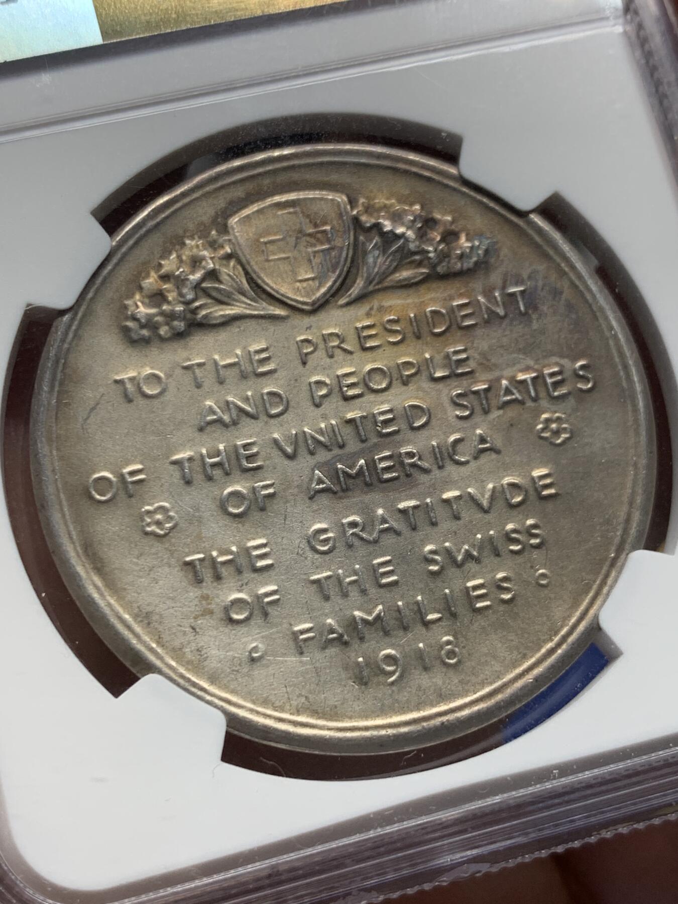 《竞宝斋》第413场 周日，周一，周二，3场连拍 （全场包邮） NGC MS63 瑞士1918年感谢美国一战期间粮食捐赠纪念银章 原味包浆 浮雕感强