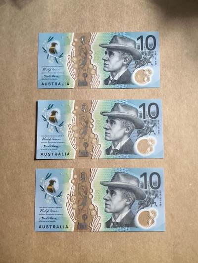 【礼羽收藏】🌏世界钱币拍卖第102期 - 首发冠澳大利亚 10 元三连号全新 unc 品相