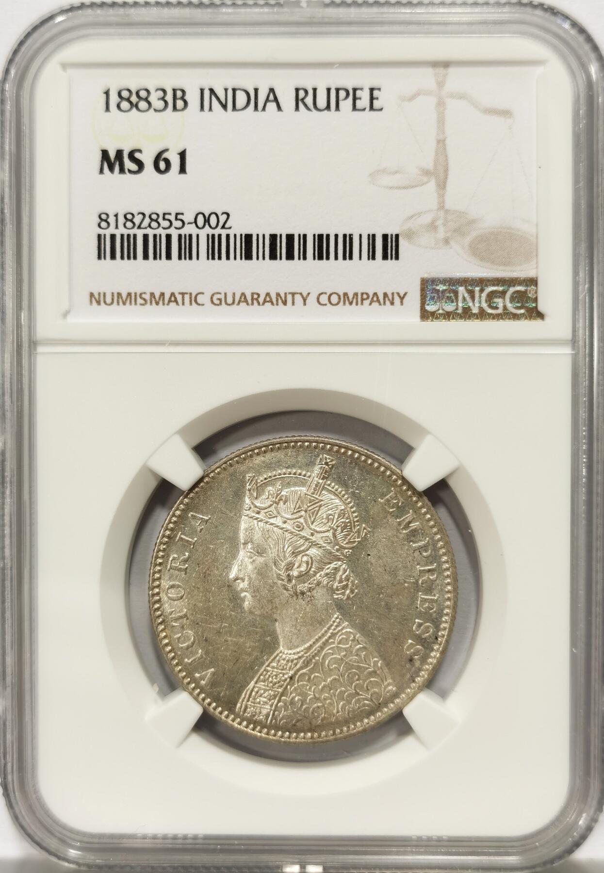 博洋堂世界钱币拍卖第136期（全场包邮） NGC MS61 英属印度1883年B版维多利亚1卢比银币，少见年份，状态低评