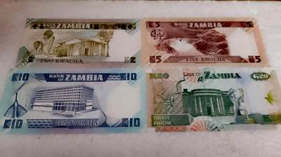 全新赞比亚1986、1992年2、5、10、20克瓦查靓品纸币4枚一小套 全新赞比亚1986、1992年2、5、10、20克瓦查靓品纸币4枚一小套
