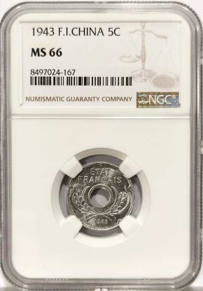 博洋堂世界钱币拍卖第136期（全场包邮） - NGC MS66 1943年法属印支中孔5分 细节优秀 高评仅7枚