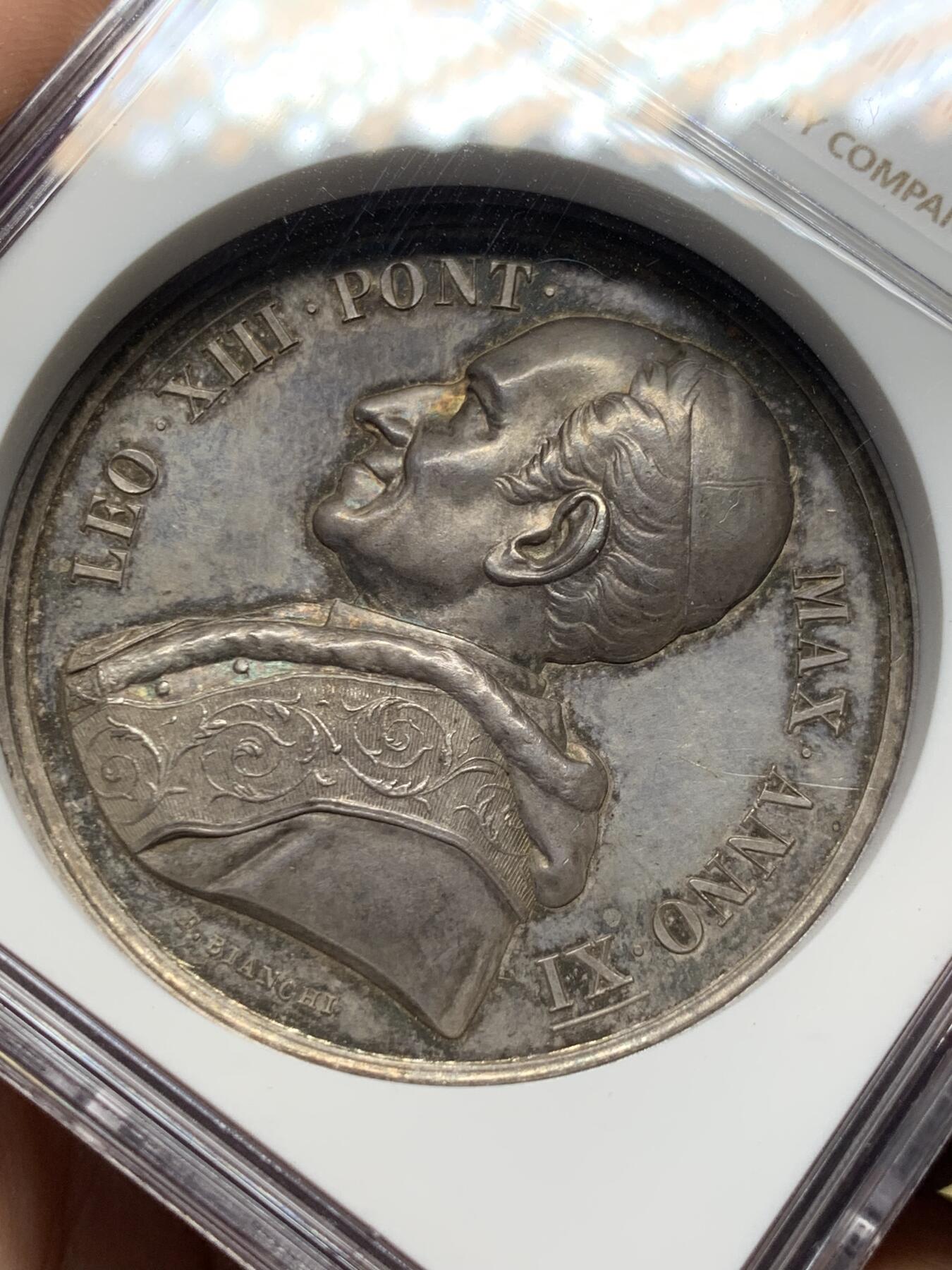 《竞宝斋》第413场 周日，周一，周二，3场连拍 （全场包邮） NGC MS63 高分 1888年梵蒂冈LEO十三世大主教50周年大银章，加厚盒，五洲来朝，高浮雕，十分精美，少见品，经典题材，热门年份