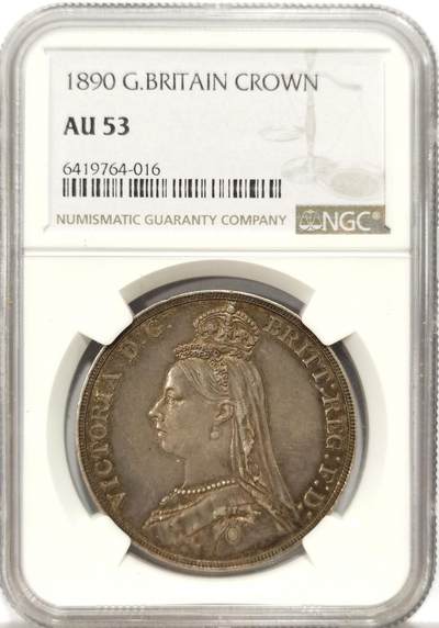 博洋堂世界钱币拍卖第136期（全场包邮） - NGC AU53 好品相英国1890年维多利亚马剑大银币。超级漂亮的一枚，低评，比很多55的要好多了