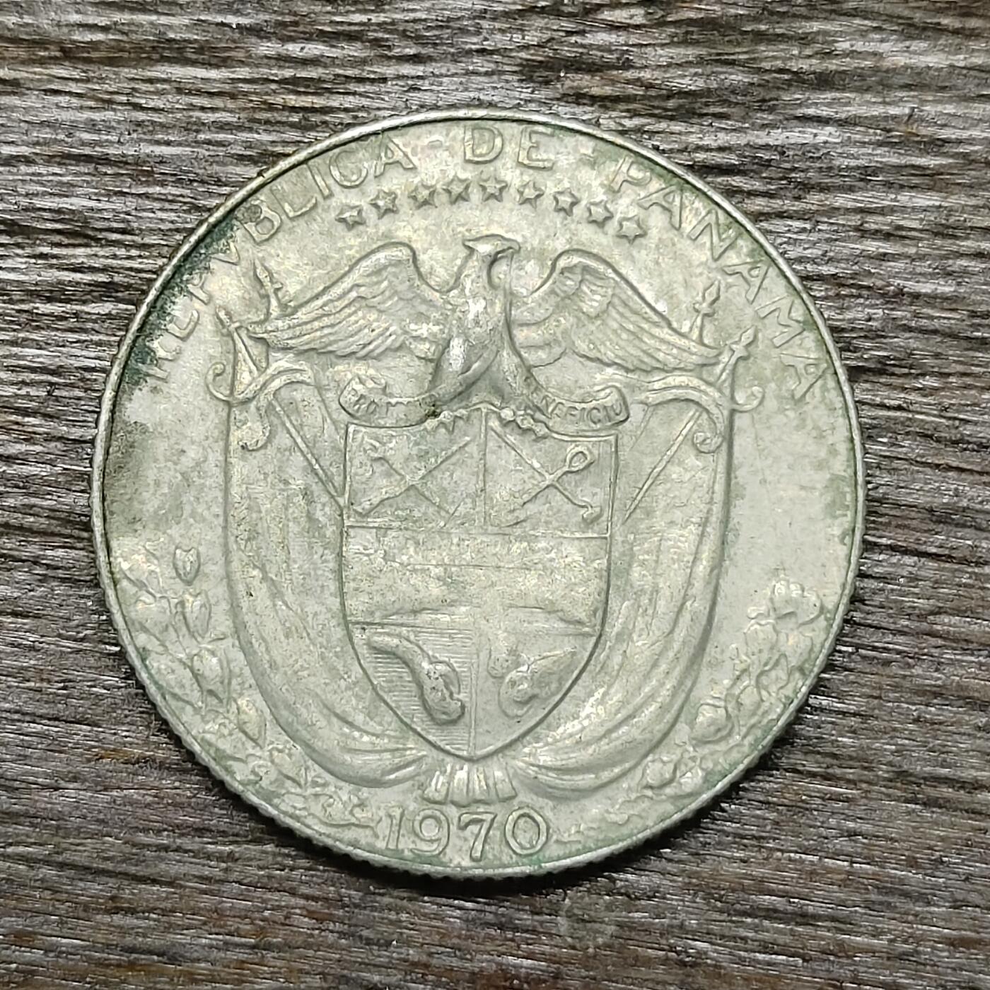 【铜匠收藏】★第131场★散币场，无佣金，30包邮。不满30元，支付5元运费。《接受代拍 代送NGC评级》 1970年 巴拿马 25分 早期武士头像 展翅鹰盾徽