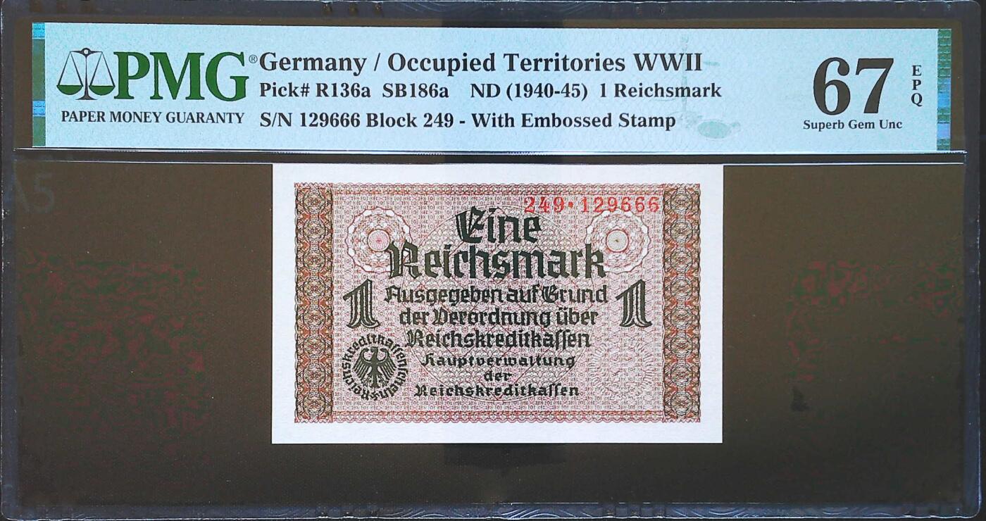 世界靓号纸钞第七十四期 1940-45年德国1马克 全程无3457 豹子号666 PMG67 超高分 