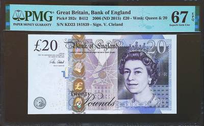 世界靓号纸钞第七十四期 - 2006年英国英格兰银行20镑 全程无47 PMG67