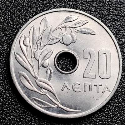 泉币菌-第100场-百场纪念 精品场 - 原光极美品 希腊1966年 20雷普塔 橄榄枝 中孔 铝币24mm