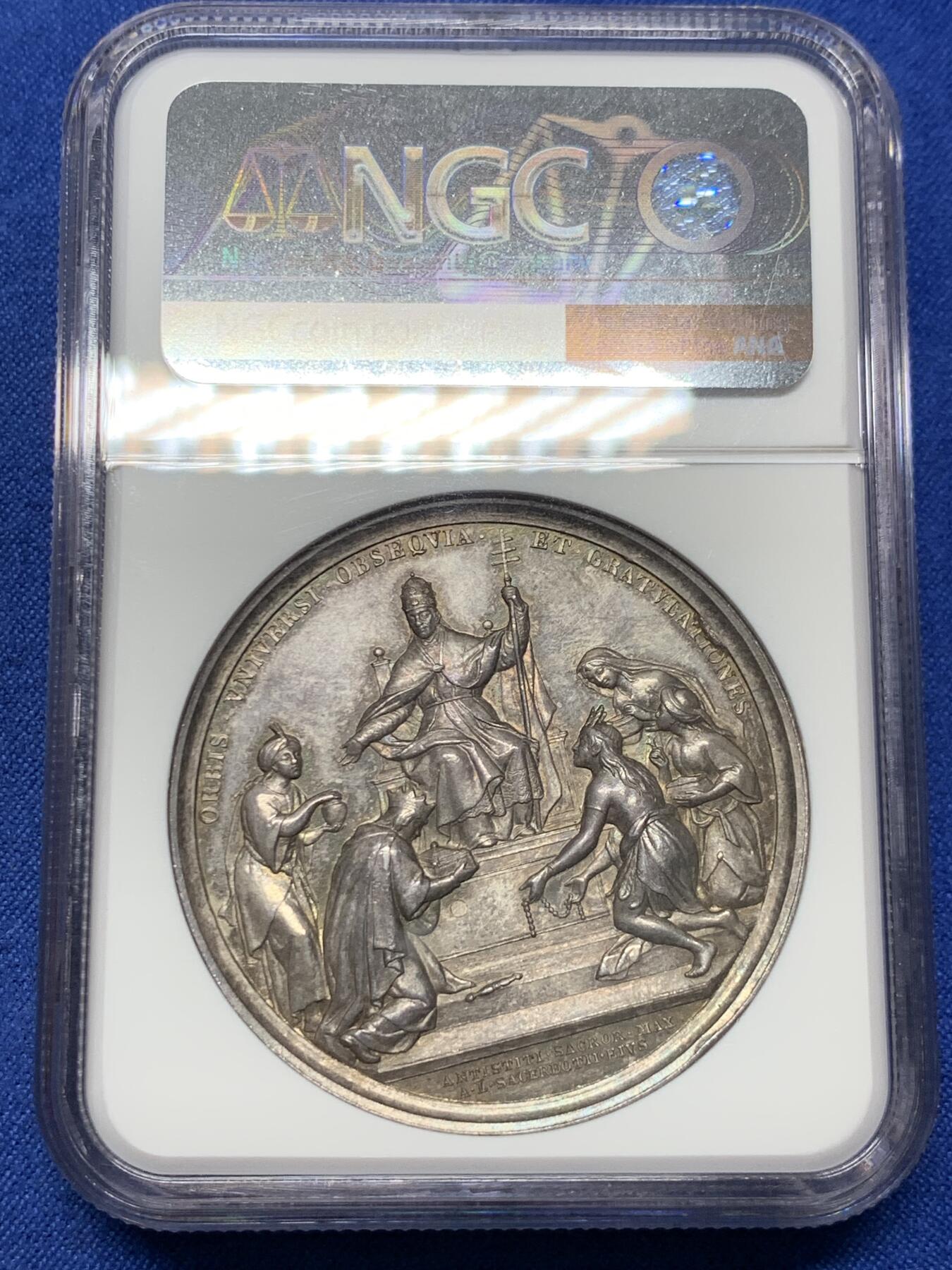 《竞宝斋》第413场 周日，周一，周二，3场连拍 （全场包邮） NGC MS63 高分 1888年梵蒂冈LEO十三世大主教50周年大银章，加厚盒，五洲来朝，高浮雕，十分精美，少见品，经典题材，热门年份