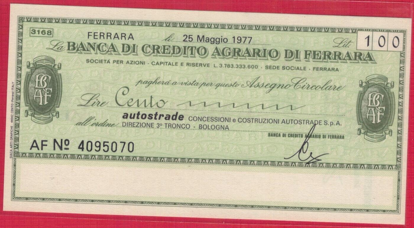 意大利费拉拉农业信贷银行1977年5月25日开具的100里拉循环支票 实物图 UNC