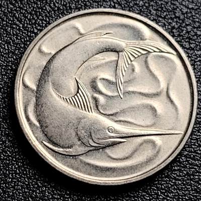 泉币菌-第100场-百场纪念 精品场 - 原光美品 高币值 1972年 新加坡20分 海洋动物-剑鱼 24mm 